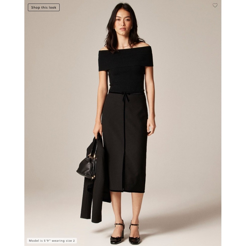 J.Crew Pencil Skirt Women 0 Black Velvet Trim Bow Midi 4 Season Stretch $248 NWT